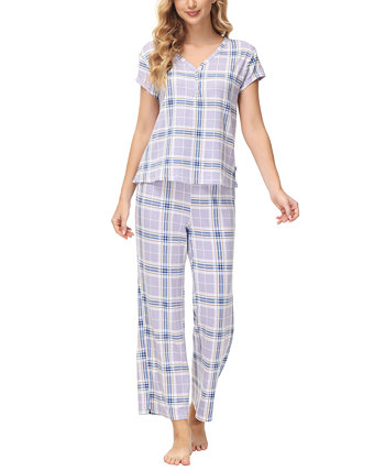 Женский пижамный комплект из двух предметов: топ на пуговицах с короткими рукавами и широкими брюками с принтом Echo