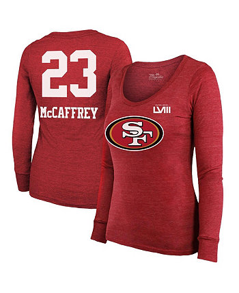 Женские нитки Christian McCaffrey Scarlet San Francisco 49ers Super Bowl LVIII, имя и номер, футболка Tri-Blend с длинными рукавами Majestic