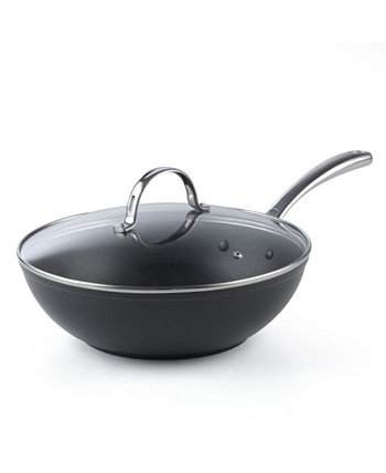 11-дюймовая жесткая анодированная сковорода-вок с антипригарным покрытием с плоским дном и крышкой, 28 см Cooks Standard