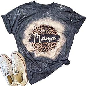 Mama Vintage Bleached T-Shirt Women Funny Leopard Graphic Mama Shirt Tee Casual Short Sleeve Letter Print Mom Tee Tops Zifota