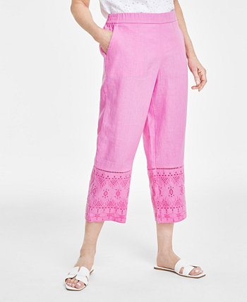 Women's 100% Linen Eyelet-Trim Pull-On Pants, Created for Macy's Charter Club