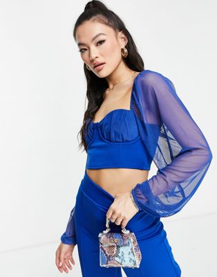 Fashionkilla corset top with puff sleeve detail in cobalt - part of a set Fashionkilla