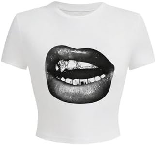 Women's Lip Print T Shirts Short Sleeve Crewneck Fitted Crop Tops Graphic Tee Beaudrm