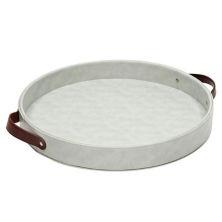 Faux Leather Round Serving Tray with Handles for Coffee Table and Ottoman (Cloudy White, 14.5 x 2 In) Juvale