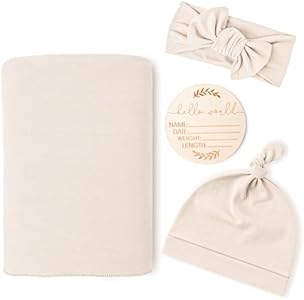 Konssy Baby Girl Newborn Receiving Blanket with Matching Headband and Beanie Set Baby Swaddle Nursery Swaddle Wrap(Beige) Konssy