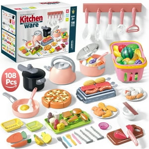 Huge Wave 108Pcs Kids Pretend Play Kitchen Accessories Set, Toddlers Kitchen Pretend Play Toys, with Pots and Pans, Cookware Toys, Food Cooking Playset for Girls and Boys Age 3-8 Huge Wave