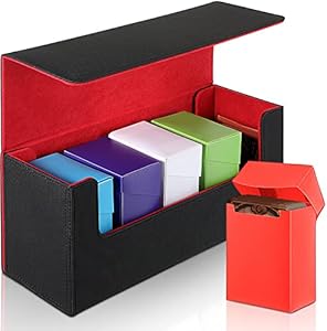 Silkfly 6 Pieces Deck Card Storage Box, 1 Leather Deck Case with 5 Plastic Card Boxes Playing Cards Box Compatible with Mtg Tcg Commander Card(Black and Red) Silkfly