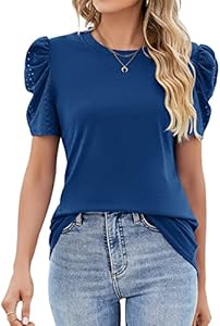 Ivicoer Puff Short Sleeve Shirt for Women Eyelet Tops Summer Crewneck Blouse Loose Fit S-XXL Ivicoer