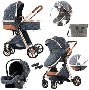 2 in 1 Baby Stroller with Bassinet Convertible Reversible Standard Baby Pram Portable Pushchair Infant Buggy Baby Carriage Foldable High Landscape Pram for Toddler Newborn (2USV9-BG) Supperbebe