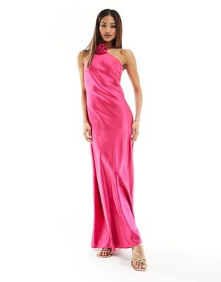 Ярко-розовое атласное платье макси с воротником-хомутом Style Cheat Cheat Style Cheat
