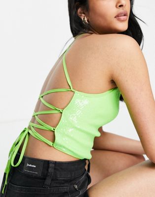 Annorlunda strappy back sequin crop top in lime Annorlunda