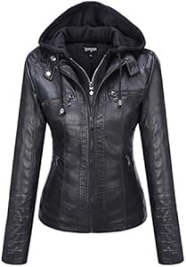 Springrain Women's Faux Leather Jacket Moto Biker Coat with Detachable Hood Motorcycle Jacket Springrain