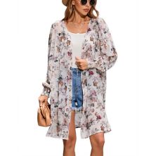 Women's Puff Sleeve Open Front Cardigan Leopard Floral Print Beach Cover Ups Chiffon Blouse MISSKY