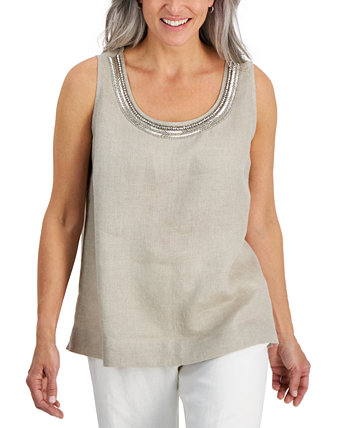 Petite Embellished Scoop Neck Linen Tank Top, Created for Macy's Charter Club