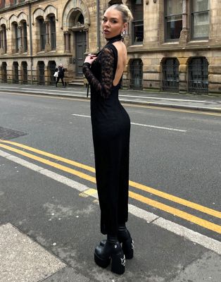 Labelrail x Daisy Birchall longline lace column dress with bow in black Labelrail