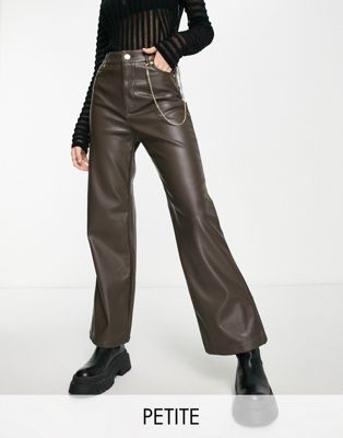 Only Petite high waisted wide leg faux leather pants in brown Only Petite