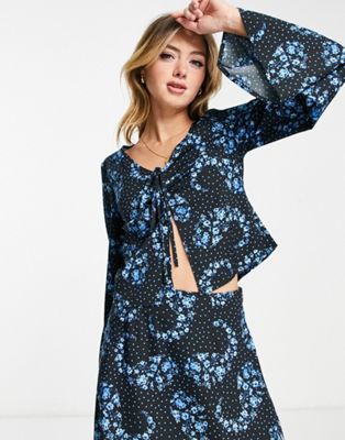 Wednesday's Girl ruched bust split blouse in blue ditsy paisley - part of a set Wednesday's Girl