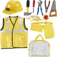 Kids Role Play Costume Set - 10-Piece Construction Worker Costume for Kids, Builder Dress Up Kit with Hard Hat, Tool Belt, Vest, and Other Accessories for Pretend Play, Halloween Dress Up, School Play Blue Panda