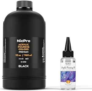 Nicpro Jet Black Color Acrylic Pour Paint, 32 Ounce Pre-Mixed Pouring Paint Supplies with Silicone Pour Oil & Gloves for Canvas, Rock, Wood Cell Creation Flow DIY Art Painting, Ready to Pour Nicpro