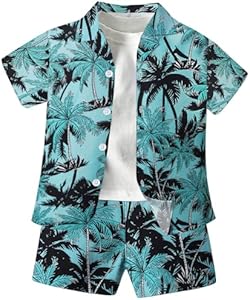 SANGTREE Boys Summer Short Hawaiian Outfit, Button Down Shirt + White T-shirt + Shorts, 3 Months - 9 Years Sangtree