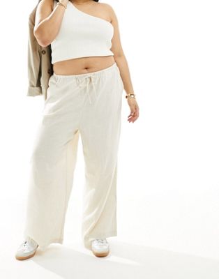 ASOS DESIGN Curve wide leg pull on pants with linen in natural ASOS Curve