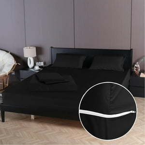 4 Piece Zipper Sheet Set Includes (1 Zipper Fitted Sheet, 1 Flat Sheet And 2 Zipper PillowCase) with 26 Inch Deep Pocket 800 TC 100% Egyptian Cotton Solid Black Color King Size D.N.G. BEDDINGS