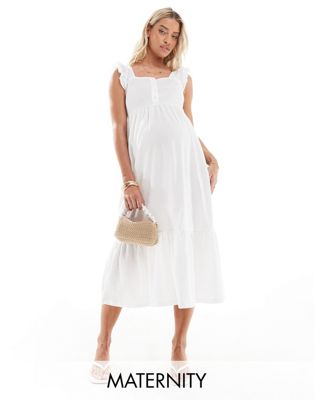 Mamalicious Maternity textured jersey midi dress with frill detail in white MAMALICIOUS
