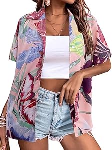 Women Hawaii Shirts: Soft Cool Floral Tropic Print V Neck Summer Tops Short Sleeve Button Up Tops T-Shirt TAOHONG