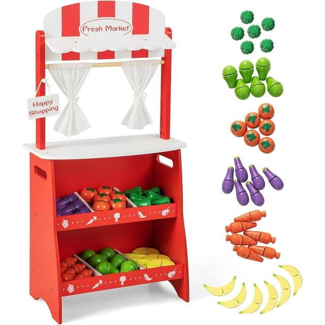 INFANS Grocery Store Marketplace Toy for Kids, Wooden Market Stand Pretend Play Set with 36 Cutting Vegetables Fruits Pieces, Role Food Shop Playset Gift for Boys Girls Ages 3+ INFANS