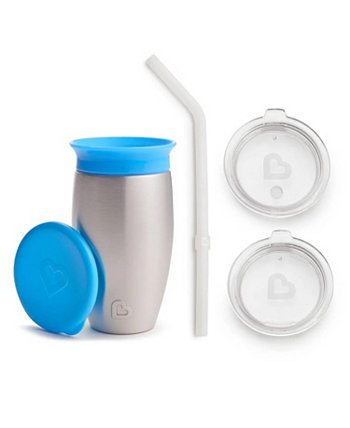 Miracle Stainless Steel 360 Sippy Cup, 10 oz, with 3 piece Sipper and Straw Lid, Blue Munchkin