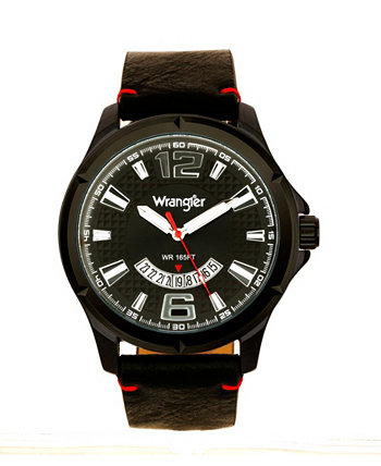 Мужские часы, черный корпус IP 48 мм, черный циферблат с зонами, белыми маркерами и вырезом в виде полумесяца, функция даты, черный ремешок с красным аналогом отстрочки, красная секундная стрелка Wrangler