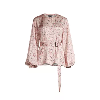 Floral Crepe De Chine Balloon-Sleeve Belted Blouse Misook