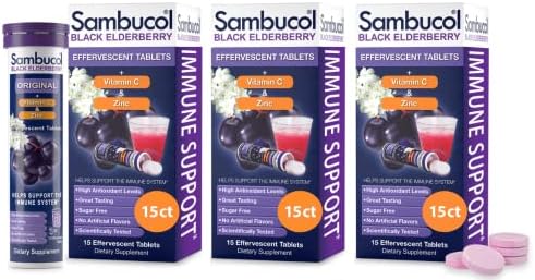 Sambucol Black Elderberry Effervescent Tablets (Шипучие таблетки) - Elderberry with Zinc and Vitamin C for Adults, Elderberry Dissolving Tablets, Berries - 15 Count Sambucol