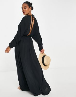 Черное пляжное платье макси со сборками и длинными рукавами, жатым принтом ASOS DESIGN ASOS DESIGN