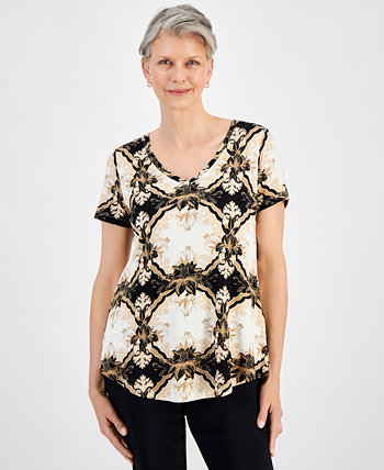 Women's Printed V-Neck Short-Sleeve Knit Top, Created for Macy's J&M Collection