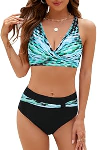 Женский Раздельный купальник SEAFORM Two Piece Wrap Front Bikini High Waisted Bottom Tummy Control Vintage Print SEAFORM