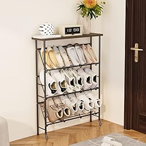 JZM Shoe Rack Storage, Narrow 4 Tier Metal Shoe Storage Shelf, Free Standing Shoe Racks, Space Saving Shoe Rack Organizer for Entryway, Hallway, Bedroom, Living Room(12-16 Pair) JZM