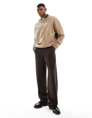 ASOS DESIGN oversized half zip sweatshirt with contrast collar in brown ASOS DESIGN