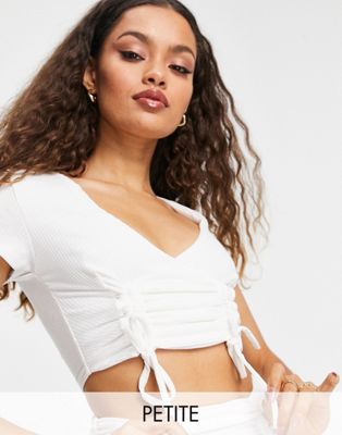 Club L London Petite ruched front plunge front crop top in white - part of a set Club L London Petite