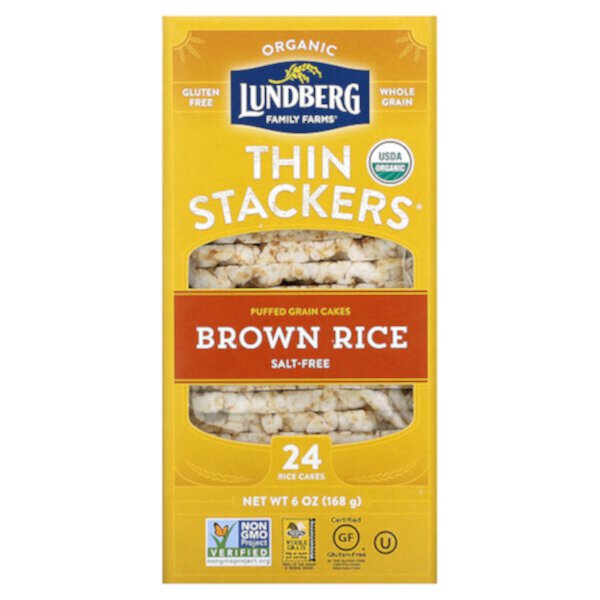 Organic Thin Stackers, Воздушные зерновые лепешки, коричневый рис, без соли, 24 рисовые лепешки, 6 унций (168 г) Lundberg