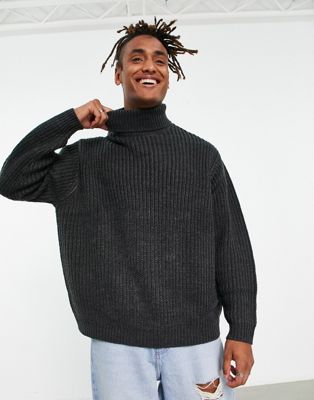 Темно-серый объемный свитер в рубчик с высоким воротником ASOS DESIGN ASOS DESIGN