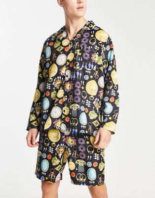 Черный плетеный пижамный комплект из рубашки с длинными рукавами и шорт с разноцветным принтом ASOS DESIGN ASOS DESIGN