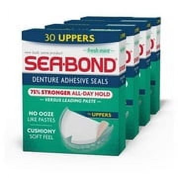 Sea Bond Secure Denture Adhesive Seals, For an All Day Strong Hold, 30 Mint Flavor Seals for Upper Dentures (4 Pack) Sea-Bond