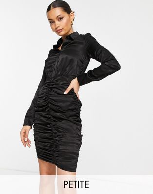 Черное платье-рубашка с поясом и рюшами на юбке Club L London Petite Club L London Petite