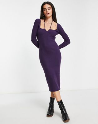  Ягодно-фиолетовое платье миди в рубчик с вырезами M Lounge M Lounge