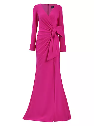 Draped Bow Long-Sleeve Gown Tadashi Shoji