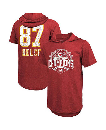 Мужская футболка с капюшоном Travis Kelce Red Distressed Kansas City Chiefs Super Bowl LVIII, имя и номер игрока, футболка с капюшоном Tri-Blend Majestic