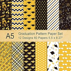 Whaline 12 Design Graduation Pattern Paper 60 Sheet A5 Size Black Gold Graduation Diploma Cap Pattern Paper Double-Sided Congrats Grad Decorative Origami Paper for Gift Card Making Die Cuts Scrapbook Whaline