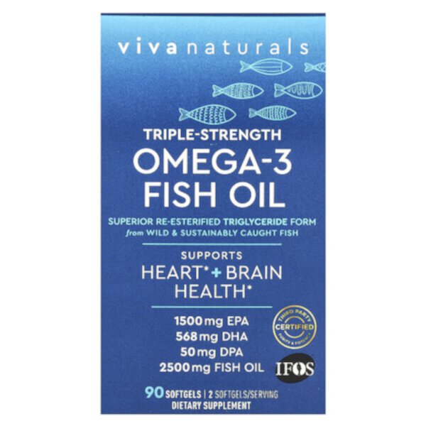 Рыбий жир омега-3, тройная сила, 1100 мг, 90 мягких таблеток Viva Naturals