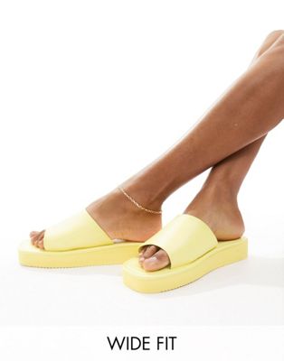 London Rebel wide fit flatform nineties sandals with square toe in yellow London Rebel